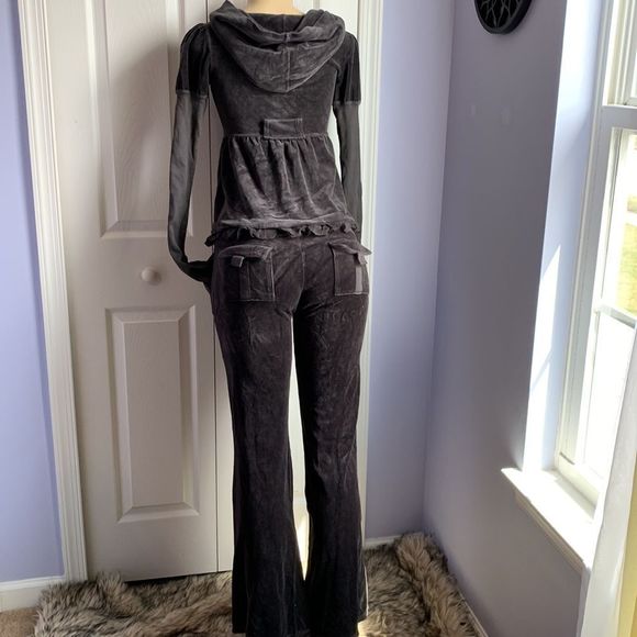 Juicy Couture Track Suit Set Jacket & Pants Velour S/P Dark Gray - Picture 8 of 16